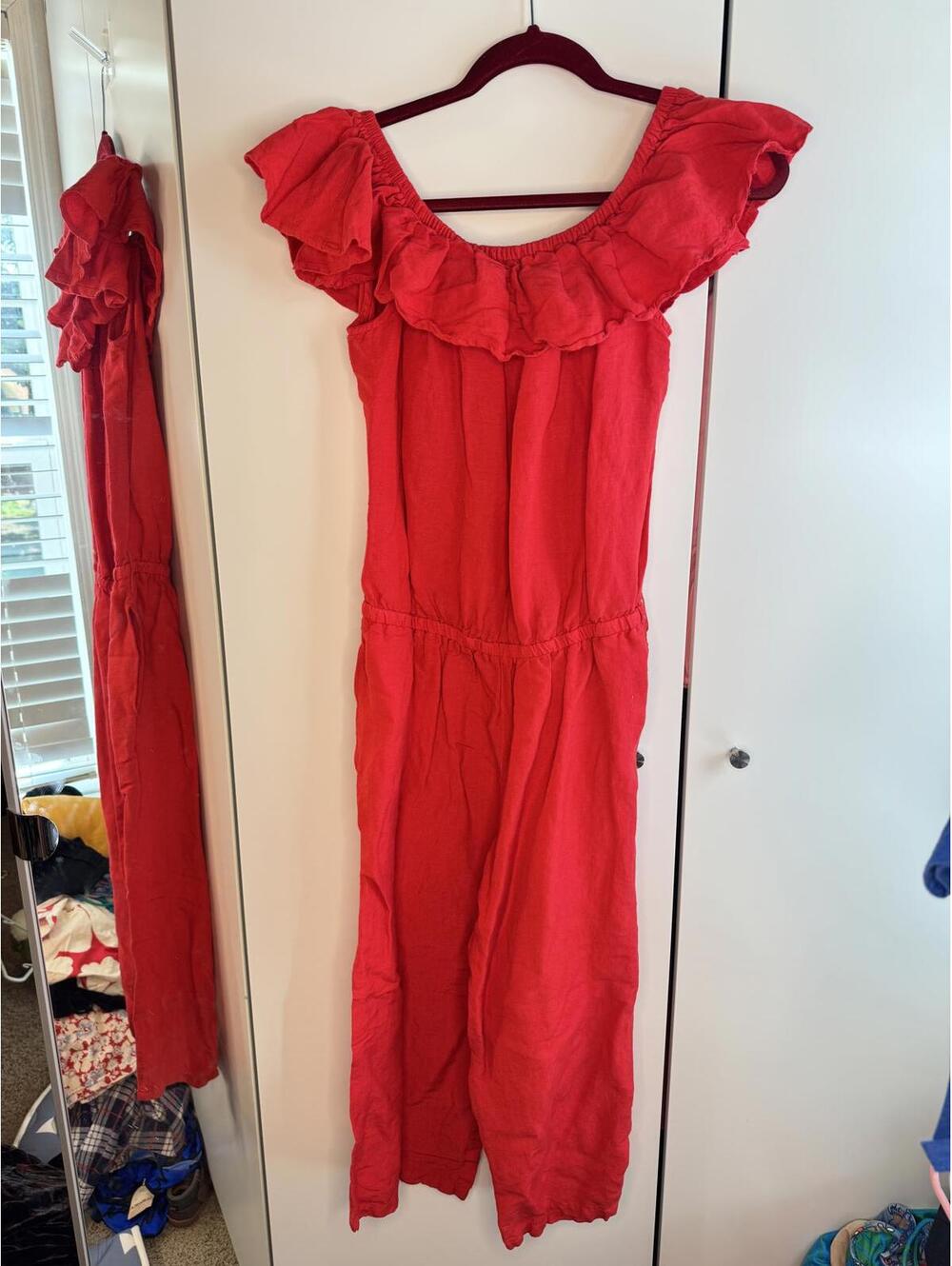 Tommy Bahama Red Women's Linen Blend Jumpsuit with Ruffle Neck